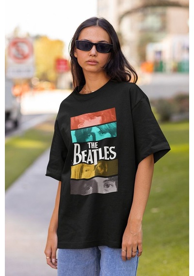 The Beatles Baskılı Unisex Tişört, Oversize Müzik Grubu Tişört Siyah