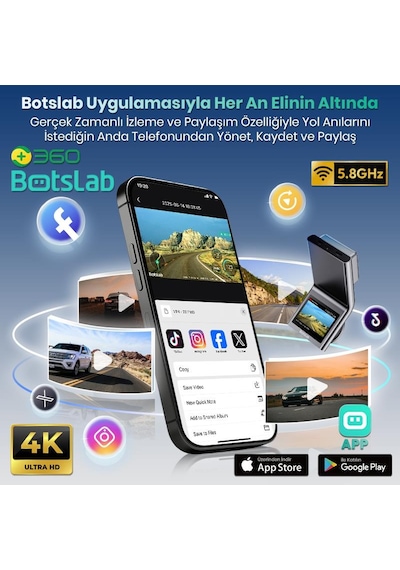 +360 Botslab G300H Plus WDR 4K UHD Ön+Arka WiFi+GPS 170° Geniş Açı Gece Görüşlü Araç İçi Kamera Dash