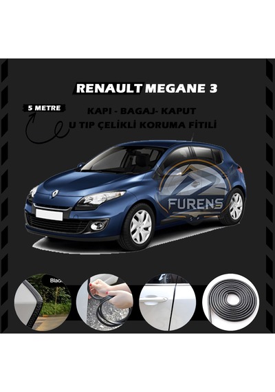 Renault Megane 3 Oto Araç Kapı Koruma Fitili 5 Metre Parlak Siyah Renk