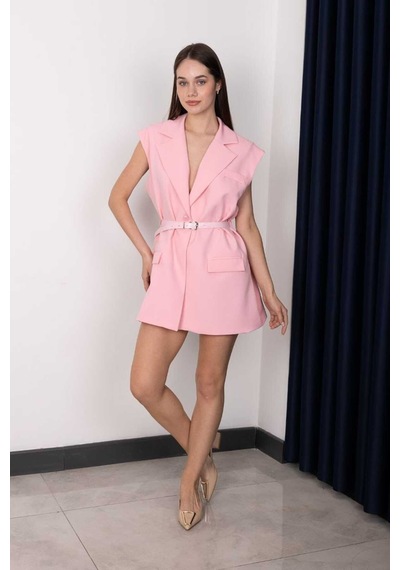 Rawea Kemerli Şal Yaka Blazer Yelek - Oversize & Pamuklu Pembe