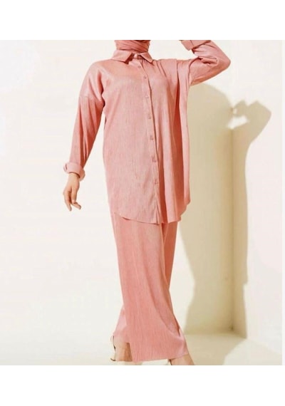 Lovie Moda Kadın Saten Görünümlü Fitilli İkili Takım Pembe
