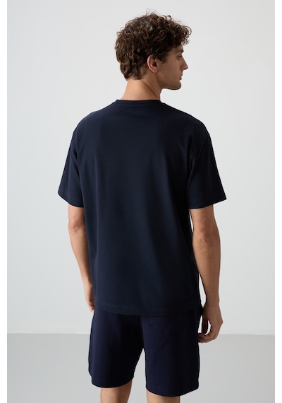 Air Jones Tommy Life Lacivert Pamuklu Kalın Yüzeyi Dokulu Oversize Fit Baskılı Erkek T-shirt - 88371 Lacivert