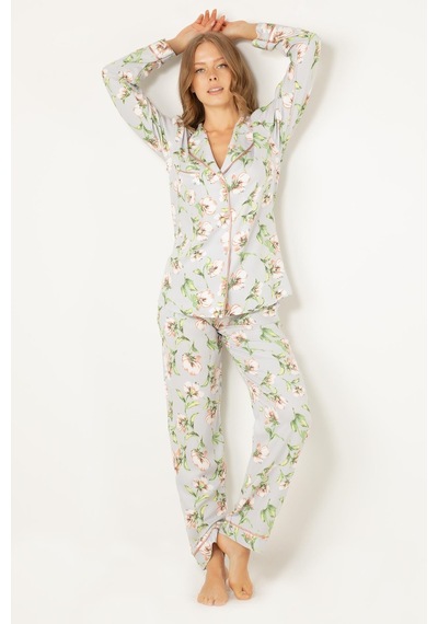 Miorre Doremi Çiçekli Doğal Viskon Soft Yumuşak Düğmeli Pijama Takımı 001