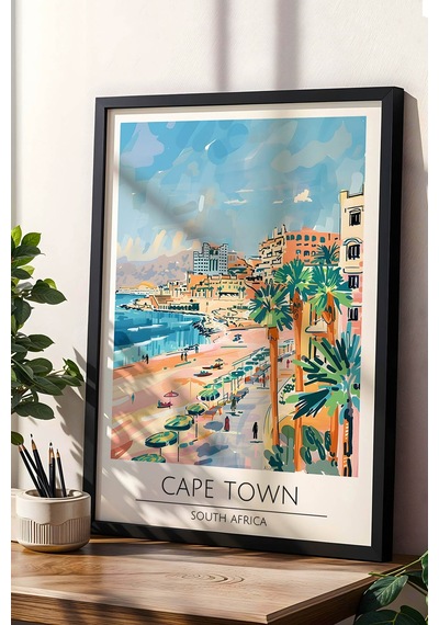 Güney Afrika Cape Town Temalı Çerçeveli Tablo Travel Serisi Modern İllüstrasyon Duvar Dekoru Siyah