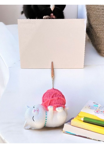 Tatlı Pembe Kawaii Yumaklı Kedi Fotoğraf Not Tutacak Ofis Masası Not Tutacağı Pembe