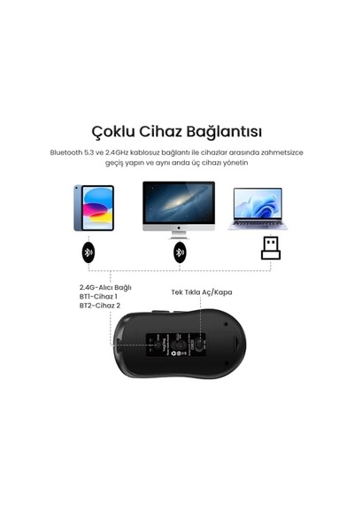 G900 Dual-mode Bluetooth 5.3 Ve 2.4ghz 3600dpı Ekranlı Şarjlı Optik Kablosuz Mouse Siyah