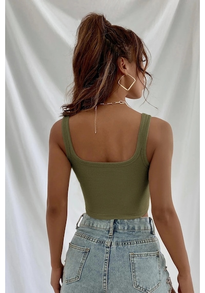 Kapsulavm Kadın Haki Yeşili Kalın Askılı Crop Top Büstiyer