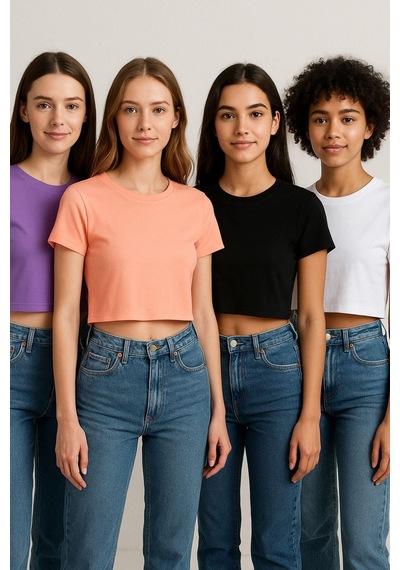 Kadın 4'lü Paket Oversize Crop Tişört %100 Pamuk Bisiklet Yaka T-shirt Çok Renkli