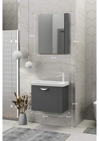 Biani Fix Maxila 60 Cm Seramik Lavabolu, Aynalı, Banyo Dolabı, Lavabo Dahil, Mdf,Mat Gri Biani Fix Maxila 60 Cm Seramik Lavabolu, Aynalı, Banyo Dolabı, Lavabo Dahil, Mdf,Mat Gri