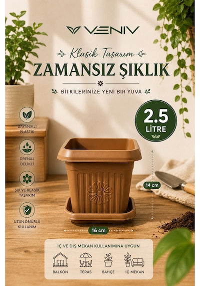 Dekoratif Antik Kare Alt Tabaklı Saksı 2,50 Litre 1 Adet