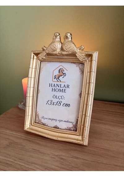Çifte Kumrular Parlak Altın Varak Eskitme Vintage Çerçeve Kuş Figürlü Masaüstü Dekoratif Fotoğraf Çerçevesi 13x18 Cm