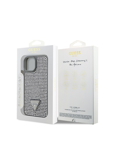 Apple Uyumlu iPhone 14 Kılıf Guess Lisanslı Taşlı Arka Yüzey Üçgen Logolu Kapak Gümüş