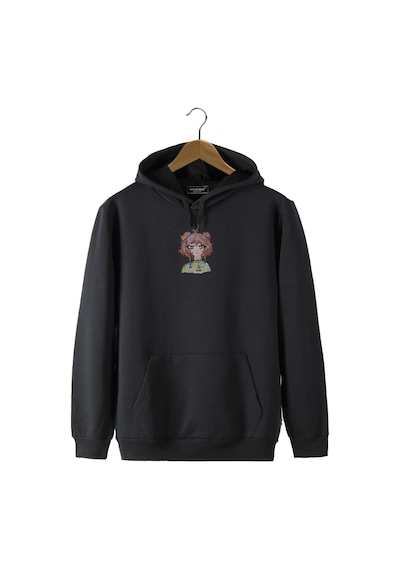 Unisex Siyah Kapüşonlu Önü Anime Baskılı Slim Fit Kanguru Cepli Sweatshirt Siyah