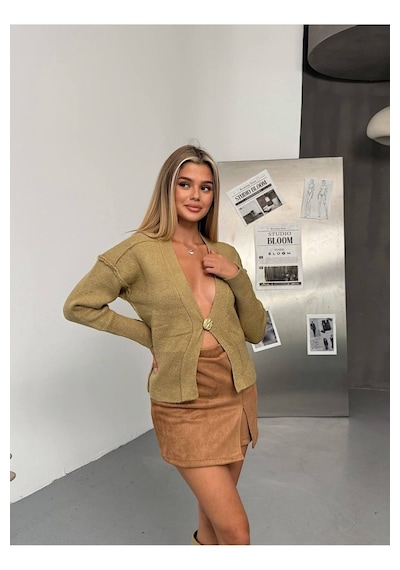 Kechi Woman Gold Aksesuarlı Tek Düğme Triko Hırka Haki