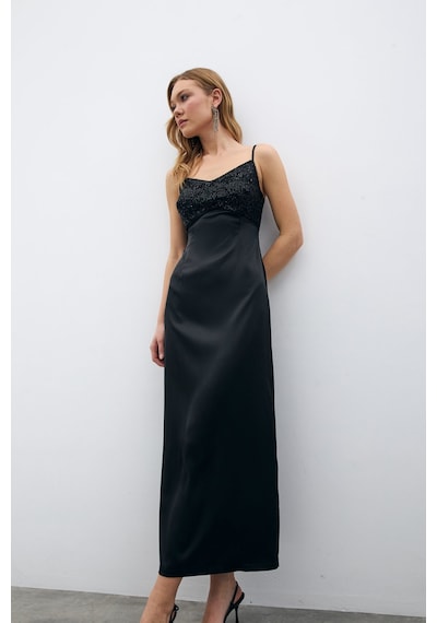 Sateen Payet Detaylı Saten Elbise - Siyah-135686 Siyah