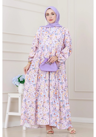 Sevitli Lilyum Çiçekli Elbise-lila-5255 Lila