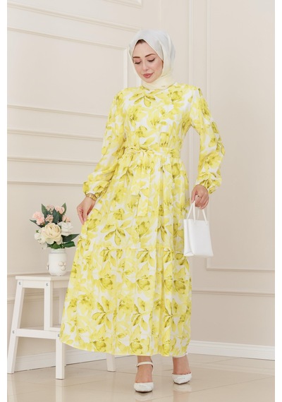 Sevitli Yarım Düğmeli Lotus Elbise-sarı-5249 Sarı