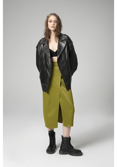 Dericlub Wm019 Oversize Biker Hakiki Deri Kadın Mont Siyah/bej Null Siyah