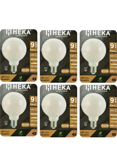 6 Adet Heka 9w 67w 3000k Sarı Işık E27 Duylu Kalın Duy Led Glop G125 Ampul Heka