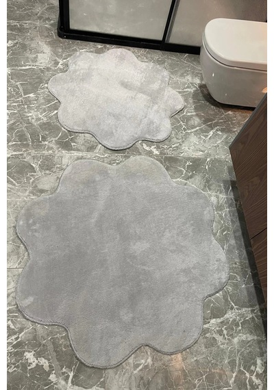 2'li Papatya Banyo Paspası Takımı Kaymaz Taban Yıkanabilir Peluş Pofuduk Post 80x80 - 100x100 Gri Gri