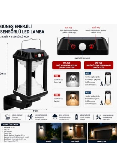 Panter 2'li Solar Hareket Sensörlü Led Bahçe Lambası, Solar Duvar Aplik Fener, Şarjlı Güneş Enerjili Dış Mekan