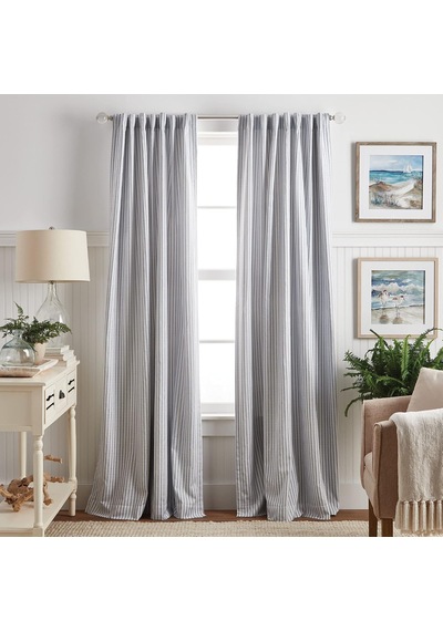 Ticking Çizgili Karartma Astarlı Çubuk Cebi/arka Sekme Pencere Perdesi Panel Çifti, 241 Cm, Beyaz/indigo, 213 Cm