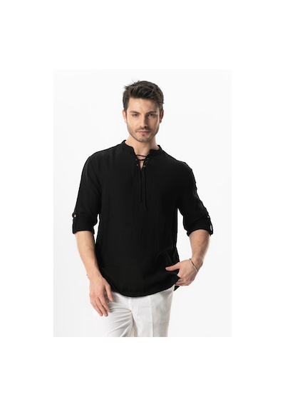 Uzun Kol Doruk V Yaka Bağcıklı Müslin Erkek Yazlık Tshirt Siyah Syh Siyah