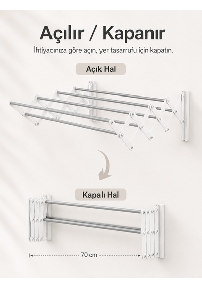 Akordiyon 70 Cm Duvara Monte Çamaşır Kurutma Askısı Beyaz