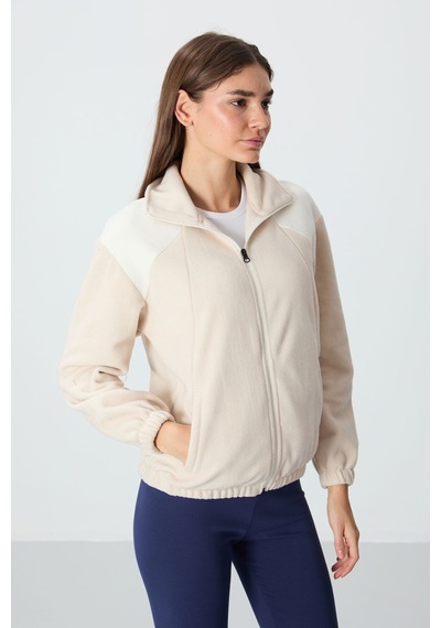 Tommy Life Bej Kalın Yumuşak Dokulu Dik Yaka Oversize Nakışlı Polar Kadın Sweatshirt - 97293 Bej