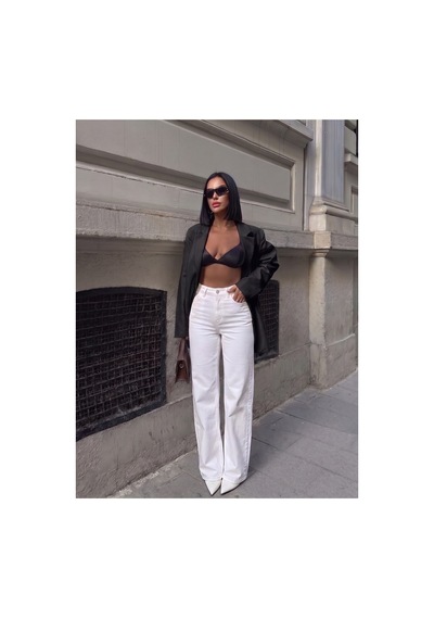 HLT Jeans Kadın Beyaz Yıkamalı Wide Leg Yüksek Bel Likralı Jean Kot Pantolon Jessica-2040