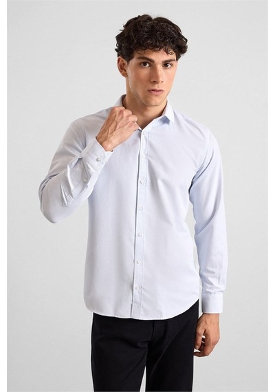 Süvari Buz Mavi Slim Klasik Yaka Düz Armürlü Cepsiz Düğmeli Uzun Kollu Casual Gömlek Sgm2008000018-m01