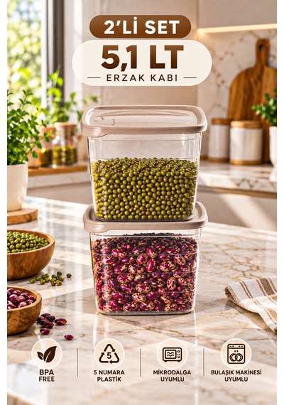 Porsima 0975 2'li Kare Erzak Saklama Kabı Seti 5,1 Lt Cafe Latte - Şeffaf Bakliyat, Deterjan & Mutfak Düzenleyici Kutu Kahverengi