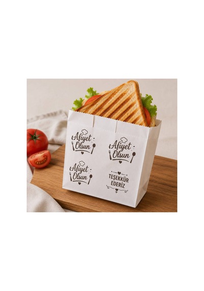 100 Adet Baskılı Servis Kesesi 15x20x8 Cm - Tost Poğaça Simit Sandviç Sunum Kağıdı - Fast Food Paket Servis Kılıfı
