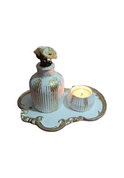 El Yapımı Dekoratif Sunum Tepsisi, Vazo Ve Tealight Mumluk Seti, Özel Tasarım 3'lü Aksesuar Seti