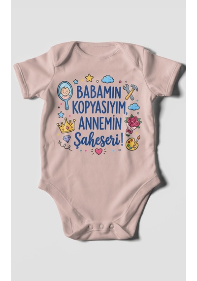 Morivokids Babamın Kopyasıyım Annemin Şaheseri Kısa Kollu Bebek Body %100 Pamuk Pastel Pembe