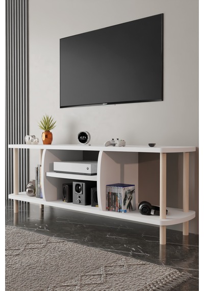 Modern Tv Ünitesi Ahşap Raflı 2 Katlı 4 Raflı Televizyon Sehpası Televizyon Ünitesi Beyaz