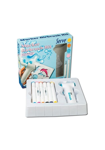 Serve Airbrush Kit 12 Li Keçeli Kalem Seti Şarjlı Sprey Boyama Makinesi, 3 Adaptörlü, Şablonlu Çocuk Boyama Seti