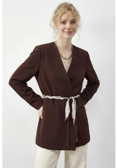 Shade Kadın Kruvaze Yaka Fular Kemerli Kadın Blazer Ceket 8014 60283988 - Kahverengi