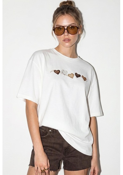 Shade Kadın Bisiklet Yaka Kalp Baskılı Oversize Pamuklu T-shirt Öt100012 60286271 - Beyaz