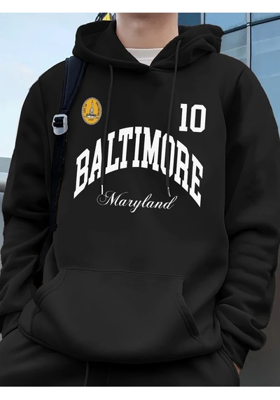 Startmore Tarzsokak Baltimore Maryland Amblemi Baskılı Kapüşonlular Erkek Sportif Gevşek Tişörtü Kış Polar Sıcak Siyah