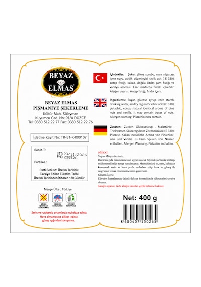 Beyaz Elmas Çifte Kavrulmuş Lokum 400 Gr Antep Fıstıklı Geleneksel Türk Lokumu