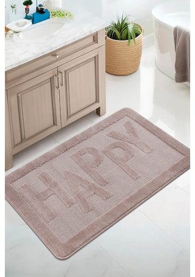 Doğal Kaymaz Taban Banyo Paspas Uzun Ömürlü Yumuşak Dokulu Su Emici Yıkanabilir Happy 60x100 Vizon