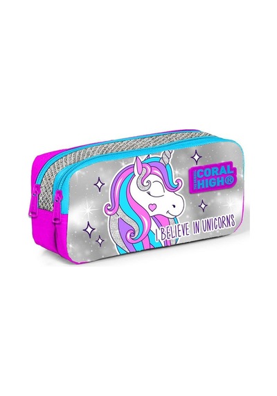 Coral High Kids Pembe Gümüş Simli Unicorn Desenli İki Bölmeli Kalem Çantası 22291 Çok Renkli