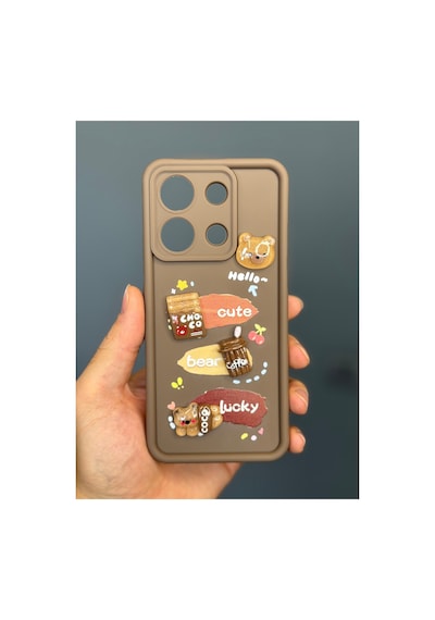 Fibaks Redmi Note 13 4G Uyumlu Kılıf Tasarımlı Desenli Kamera Korumalı Ayıcık Kahve Renkli Yumuşak Silikon Kapak