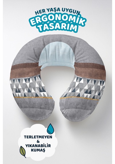 Geometrik Modern Gri Boyun Yastığı - Minimal Tarz Açık Mavi Krem Seyahat Yastığı Pastel Adaçayı Kehribar