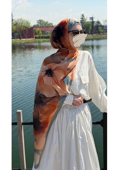 Qalortex Scarf Pamuklu Rosaly Desen Şal-mint/orange
