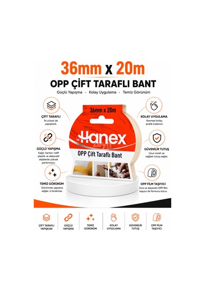 By Hanex Opp Çift Taraflı Bant 36 Mm X 20 M Güçlü Yapışkanlı Şeffaf Montaj Ve Sabitleme Bandı