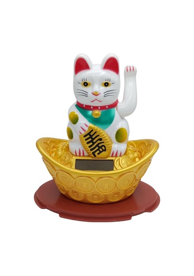 Maneki Neko El Sallayan Şans Kedisi Beyaz Solar Güneş Enerjili 14x12cm No3byz