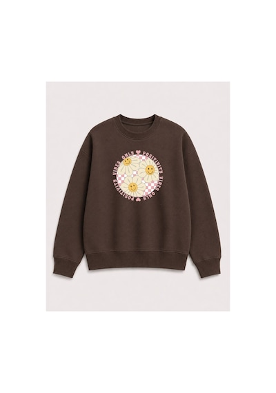 Herkesemoda Gülen Yüzler Emoji Baskılı 2 İplik Şardonlu Bisiklet Yaka Sweatshirt Kahverengi