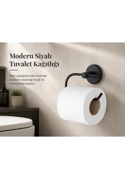 Lotus Siyah Açık Tuvalet Kağıtlığı, Yapışkanlı Ve Vidalı Montajlı Tuvalet Kağıdı Askısı, Mat Siyah Stat Diğer